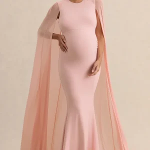 Currant | Vestido largo premamá en rosa claro con detalle de capa de malla