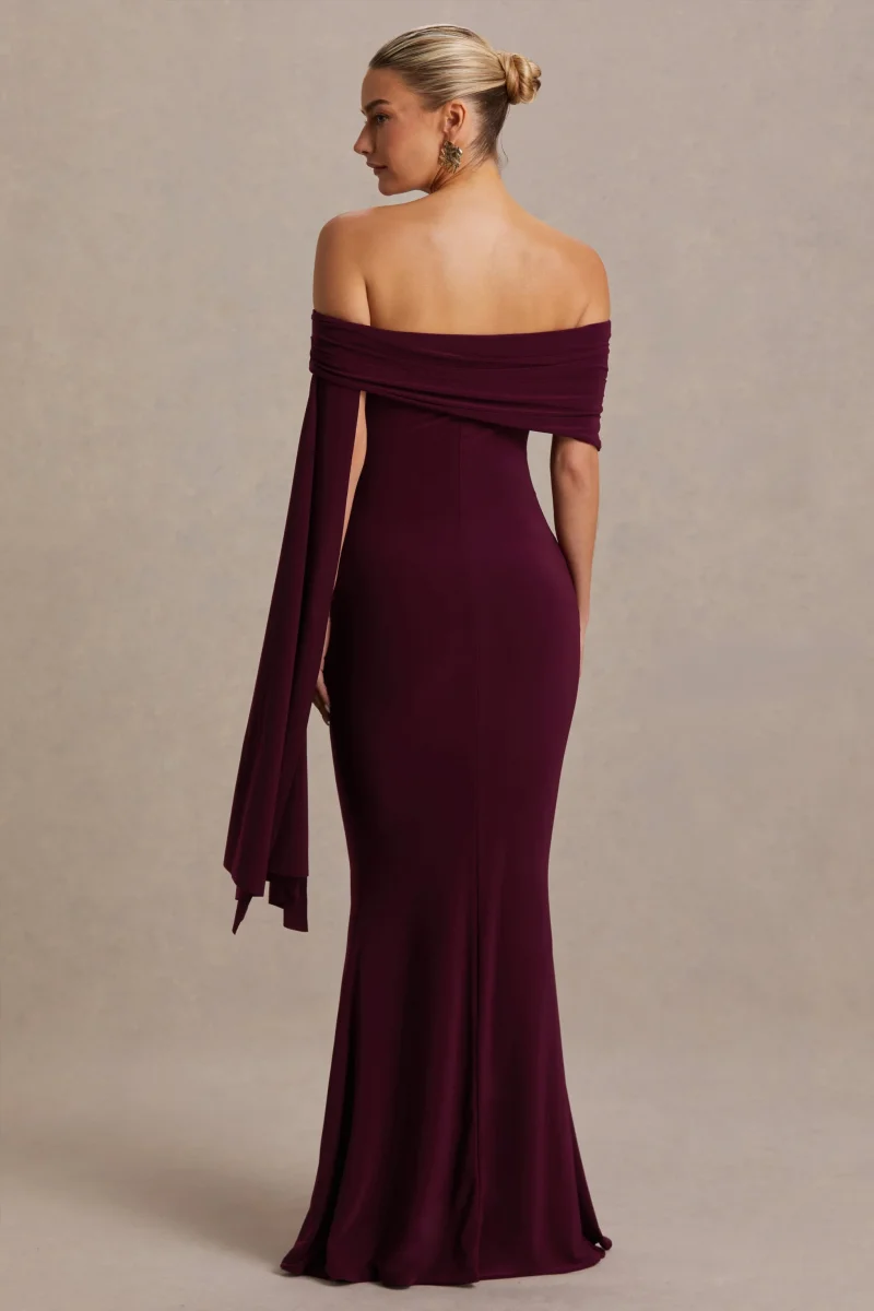 Aquila | Vestido Largo premamá burdeos con escote Bardot y manga drapeada - Imagen 3
