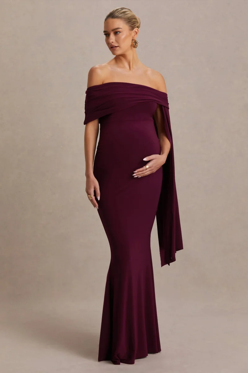 Aquila | Vestido Largo premamá burdeos con escote Bardot y manga drapeada - Imagen 4