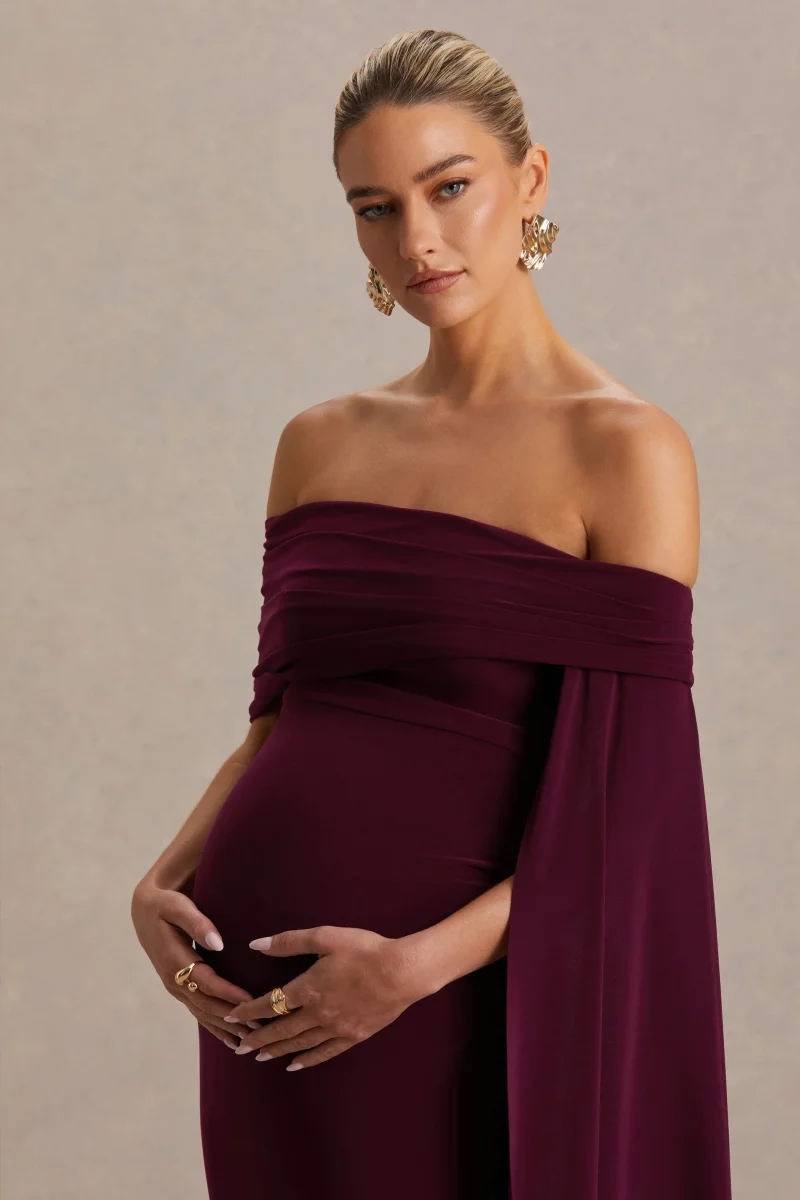 Aquila | Vestido Largo premamá burdeos con escote Bardot y manga drapeada - Imagen 6