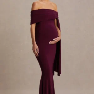 Aquila | Vestido Largo premamá burdeos con escote Bardot y manga drapeada