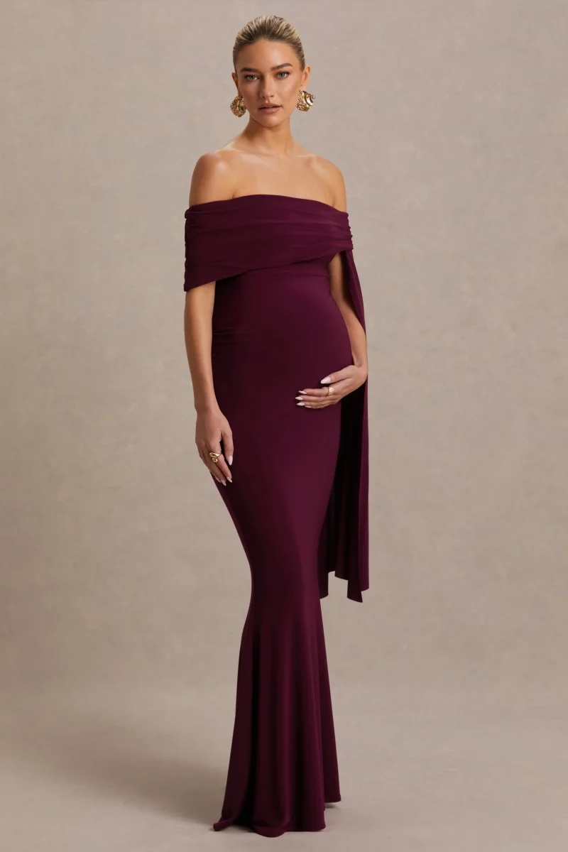 Aquila | Vestido Largo premamá burdeos con escote Bardot y manga drapeada