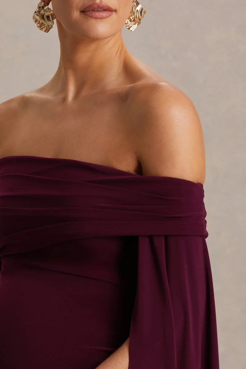 Aquila | Vestido Largo premamá burdeos con escote Bardot y manga drapeada - Imagen 7