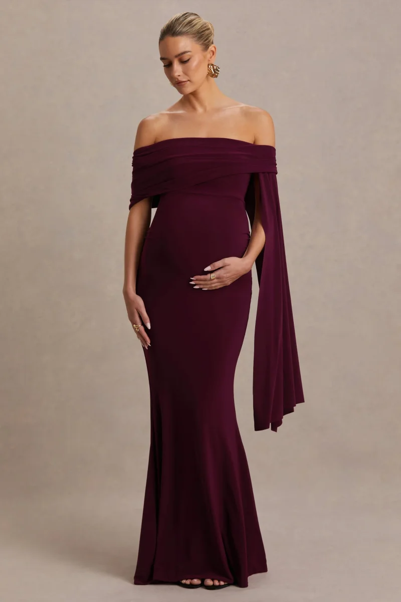 Aquila | Vestido Largo premamá burdeos con escote Bardot y manga drapeada - Imagen 5