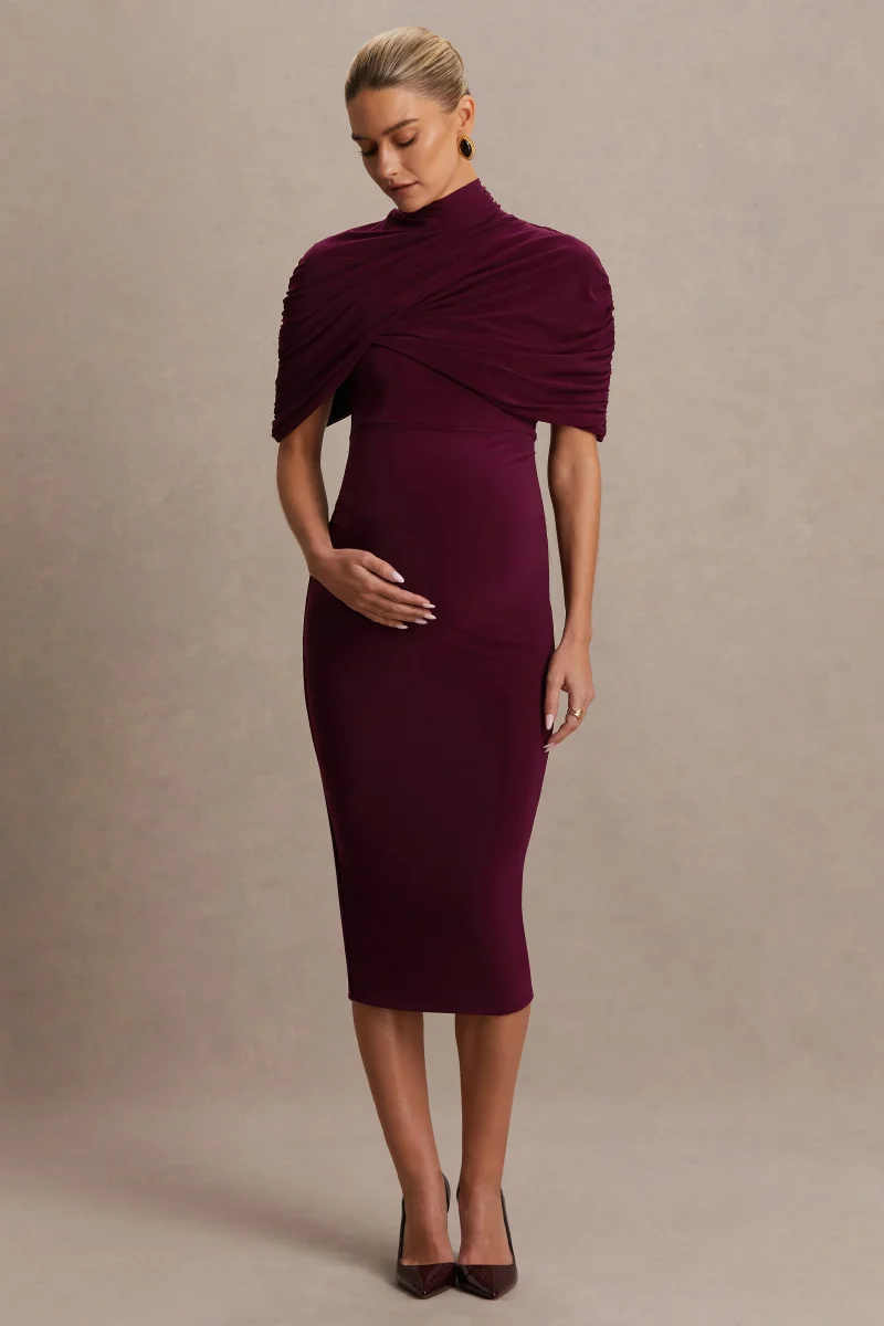 Augustina | Vestido Midi Premamá Burdeos con Capa - Imagen 5