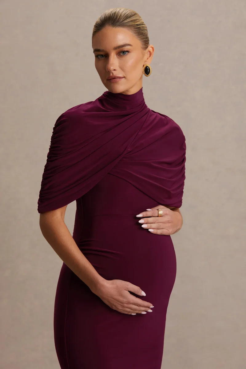 Augustina | Vestido Midi Premamá Burdeos con Capa - Imagen 7