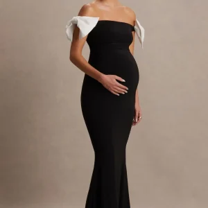 Didi | Vestido largo de premamá Negro y Blanco con Escote Bardot y Detalles de Lazo