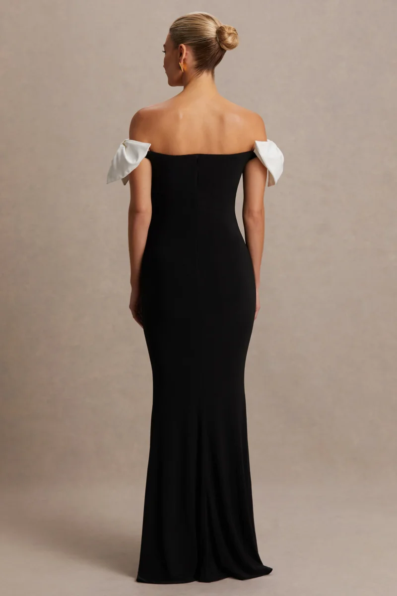 Didi | Vestido largo de premamá Negro y Blanco con Escote Bardot y Detalles de Lazo - Imagen 3