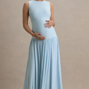 Outline | Vestido largo Premamá Azul cielo con Falda Drapeada