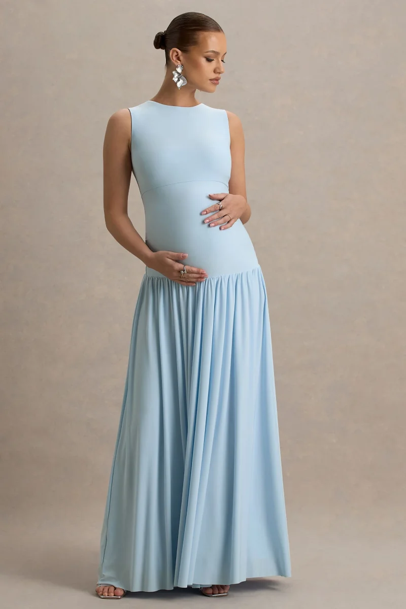 Outline | Vestido largo Premamá Azul cielo con Falda Drapeada