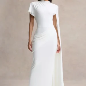 Tropic | Vestido Largo Blanco con Escote Alto, Manga Larga de Capa y Detalles Fruncidos