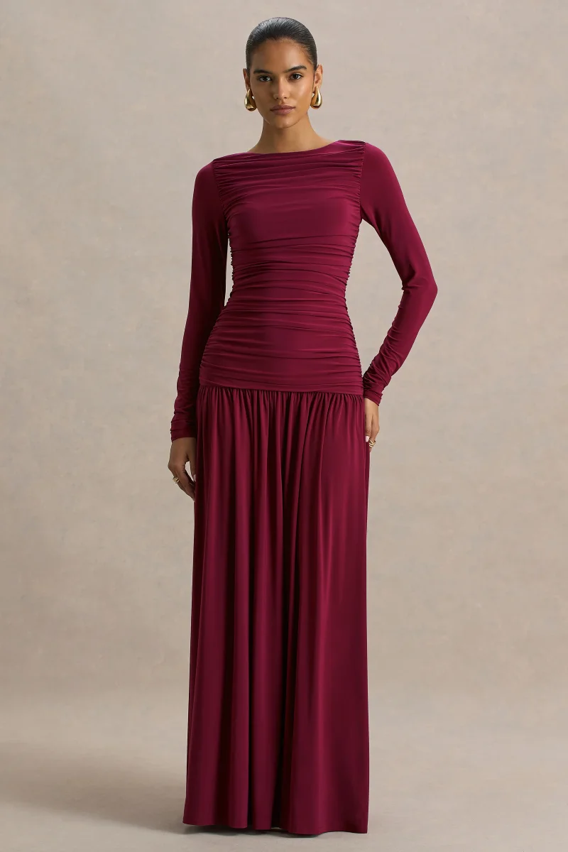 Aniyah | Vestido largo burdeos con mangas largas, Escote con aberturas y detalles fruncidos - Imagen 6