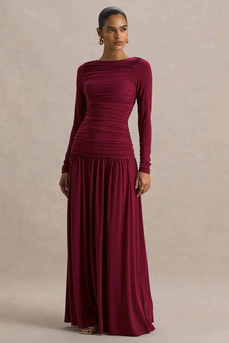 Aniyah | Vestido largo burdeos con mangas largas, Escote con aberturas y detalles fruncidos - Imagen 5