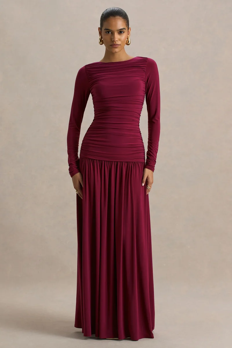 Aniyah | Vestido largo burdeos con mangas largas, Escote con aberturas y detalles fruncidos - Imagen 2