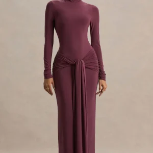 Myra | Vestido Largo Burdeos de Cuello Alto con Banda y Detalles Fruncidos