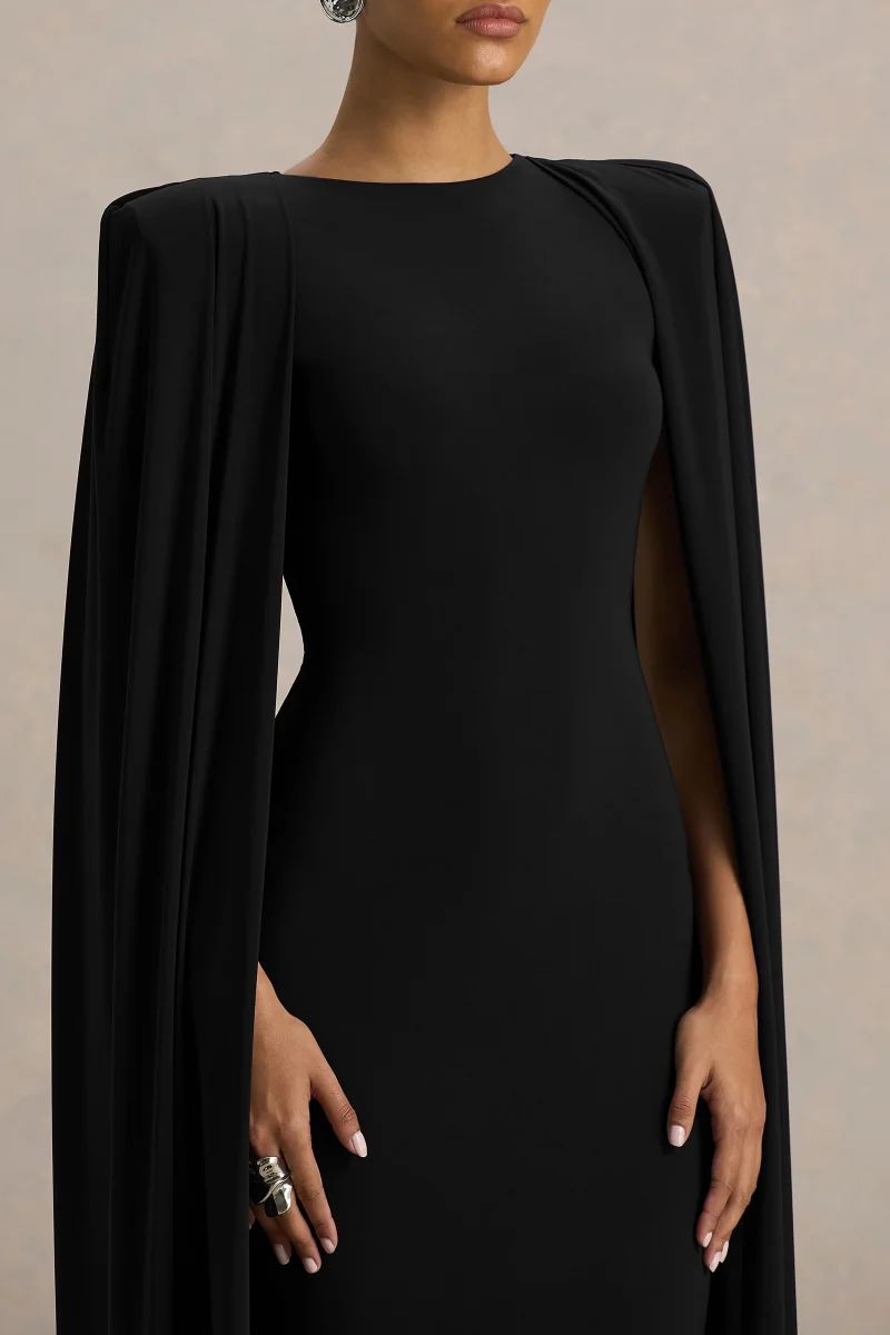 Mimi | Vestido Largo Negro Con Mangas Capa - Imagen 5