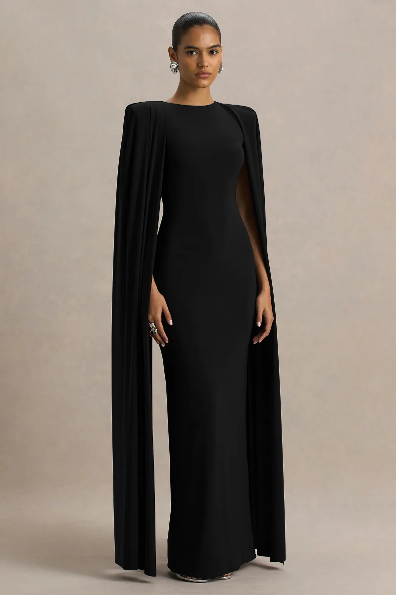 Mimi | Vestido Largo Negro Con Mangas Capa - Imagen 6