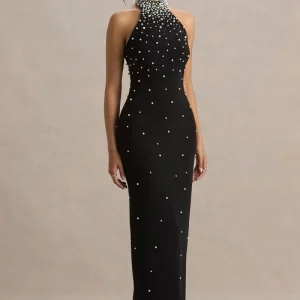 Dani | Vestido Largo Negro Con Escote Halter Y Adornos