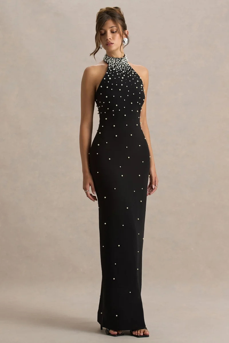 Dani | Vestido Largo Negro Con Escote Halter Y Adornos