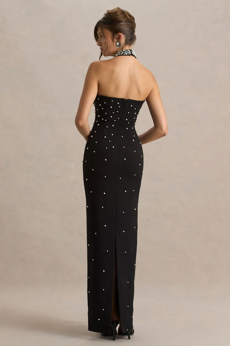 Dani | Vestido Largo Negro Con Escote Halter Y Adornos - Imagen 3