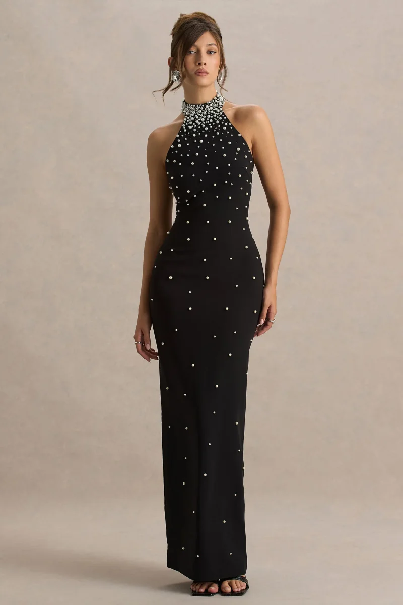 Dani | Vestido Largo Negro Con Escote Halter Y Adornos - Imagen 4