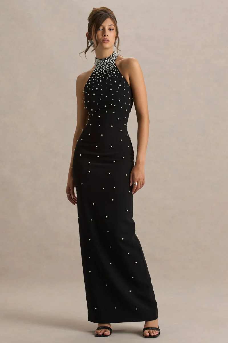 Dani | Vestido Largo Negro Con Escote Halter Y Adornos - Imagen 6