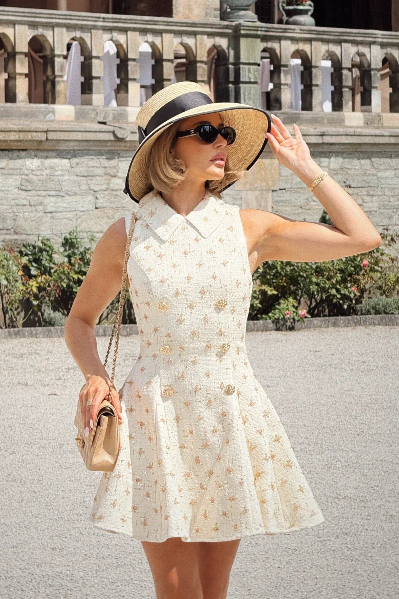 Little Star | Vestido corto sastre de boucle crema adornado - Imagen 2