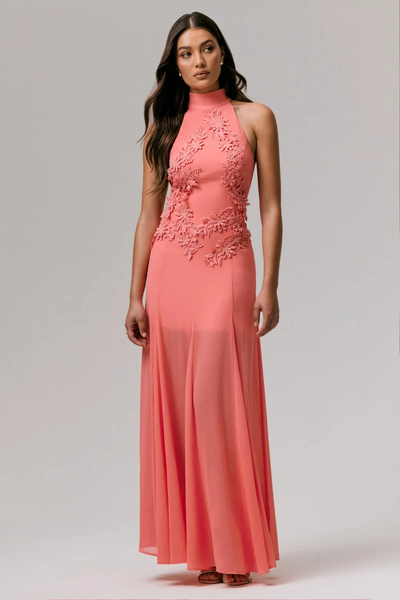 Just Like Magic | Vestido Largo coral con cuello alto y detalles bordados - Imagen 6