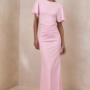 Grandeur | Vestido largo Rosa Pálido con Cuello Alto y Fruncido