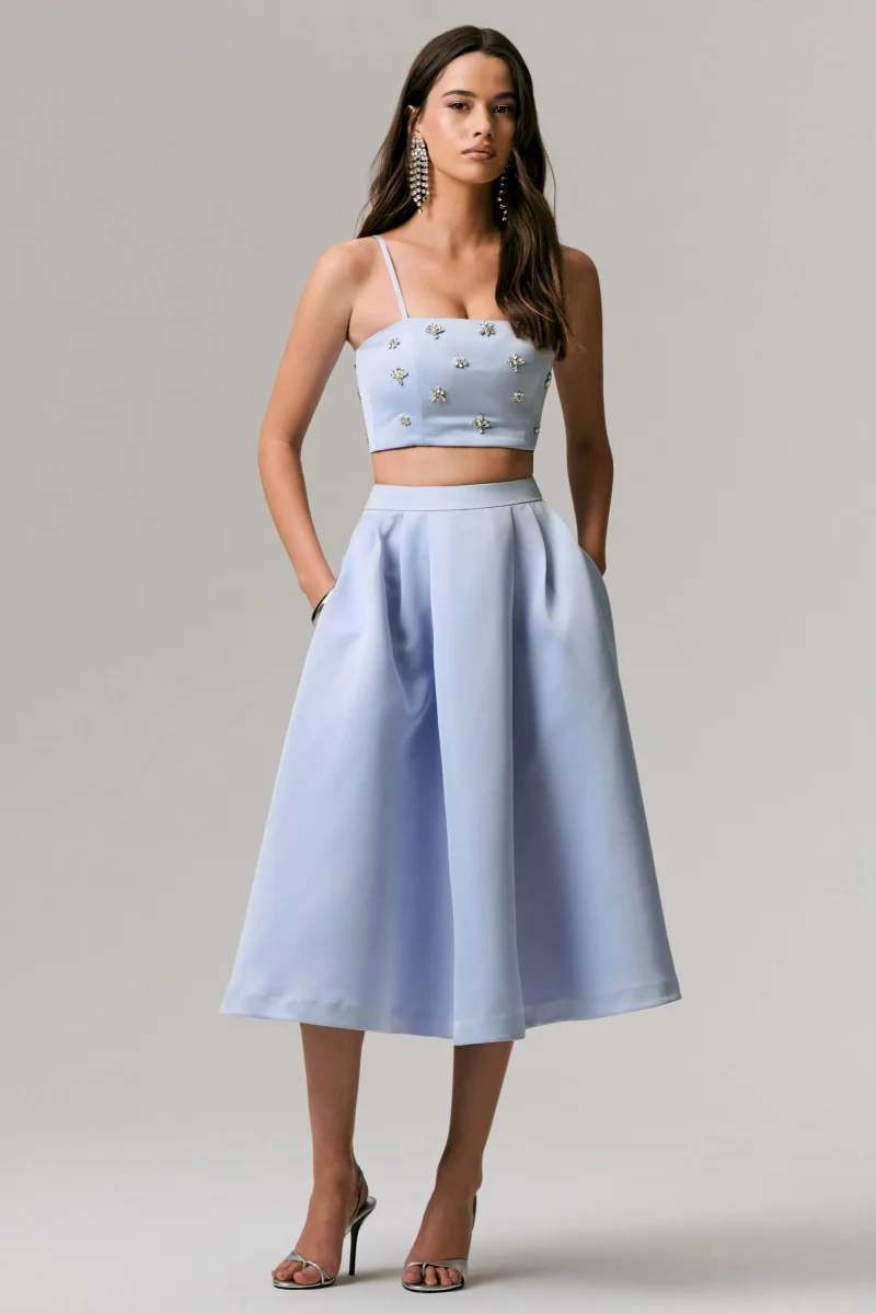 Iris | Falda Midi plisada de saten azul - Imagen 3