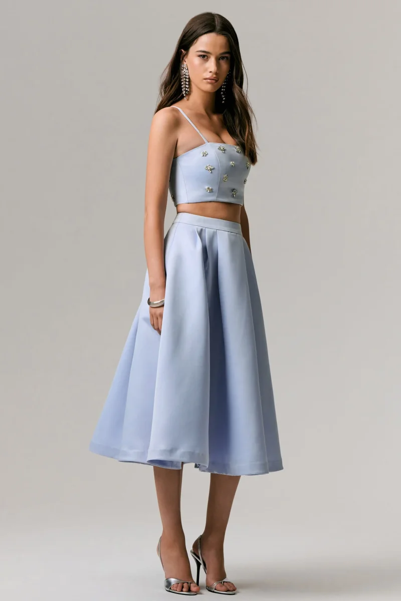 Iris | Falda Midi plisada de saten azul - Imagen 6
