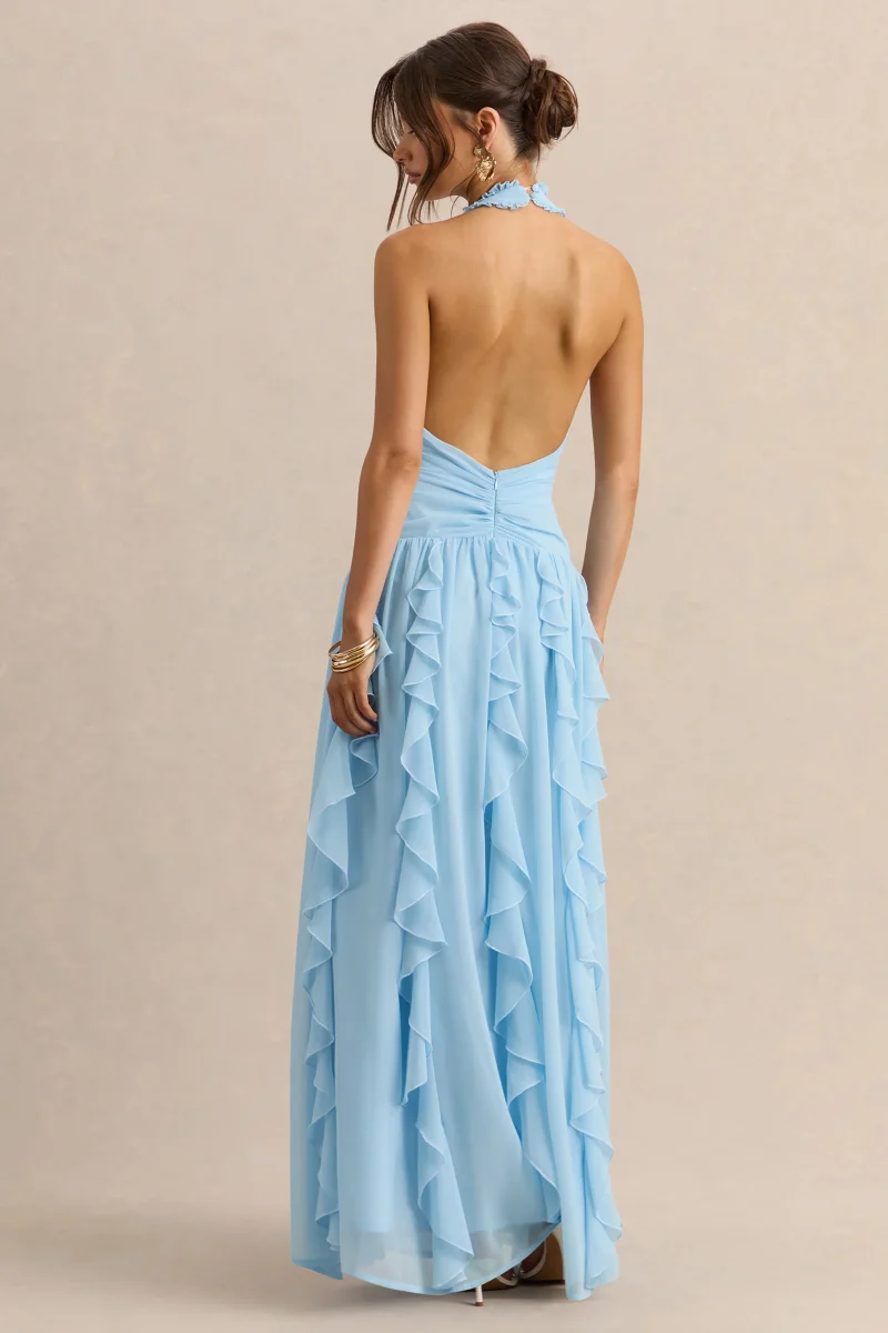 Bea | Vestido Largo Azul celeste de Escote Pronunciado con Volantes - Imagen 3