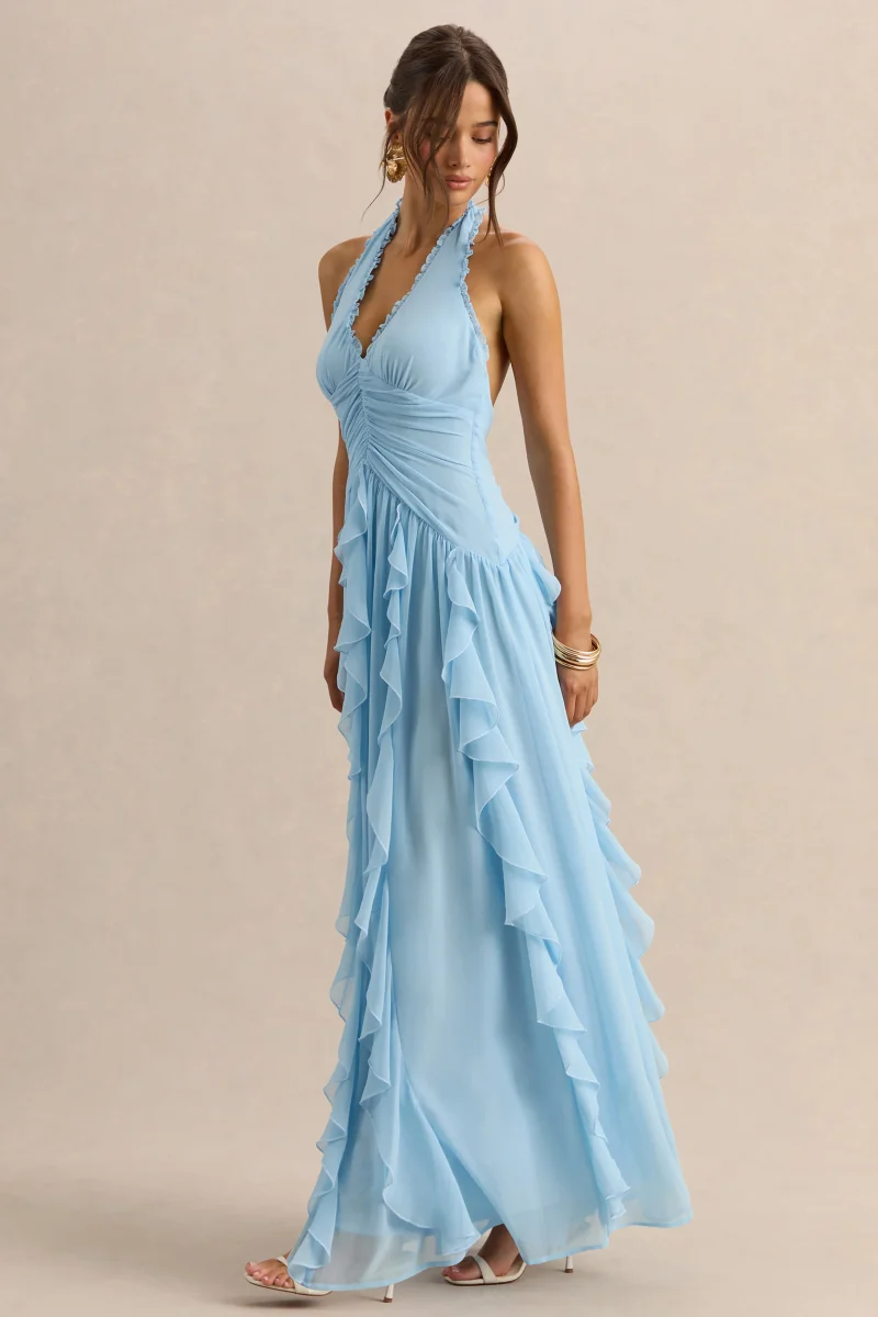 Bea | Vestido Largo Azul celeste de Escote Pronunciado con Volantes - Imagen 5