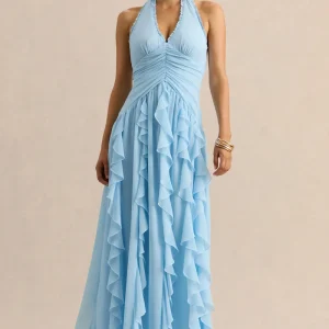 Bea | Vestido Largo Azul celeste de Escote Pronunciado con Volantes
