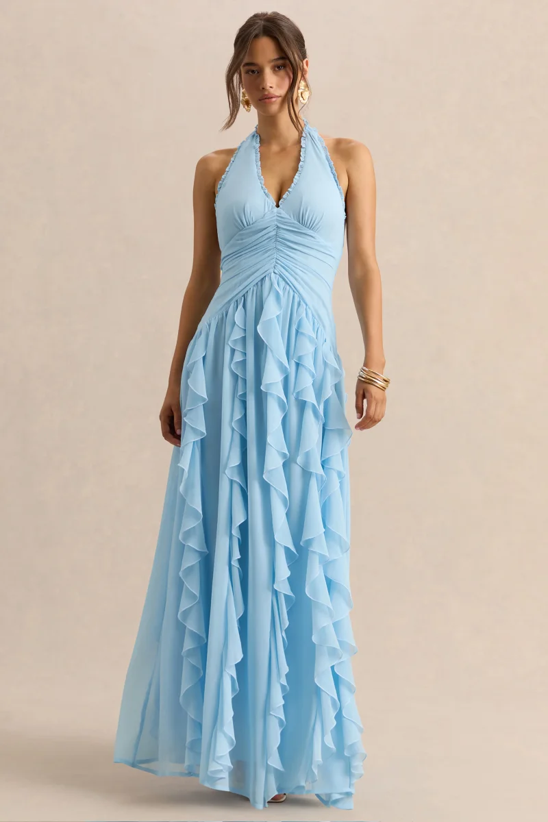 Bea | Vestido Largo Azul celeste de Escote Pronunciado con Volantes - Imagen 2