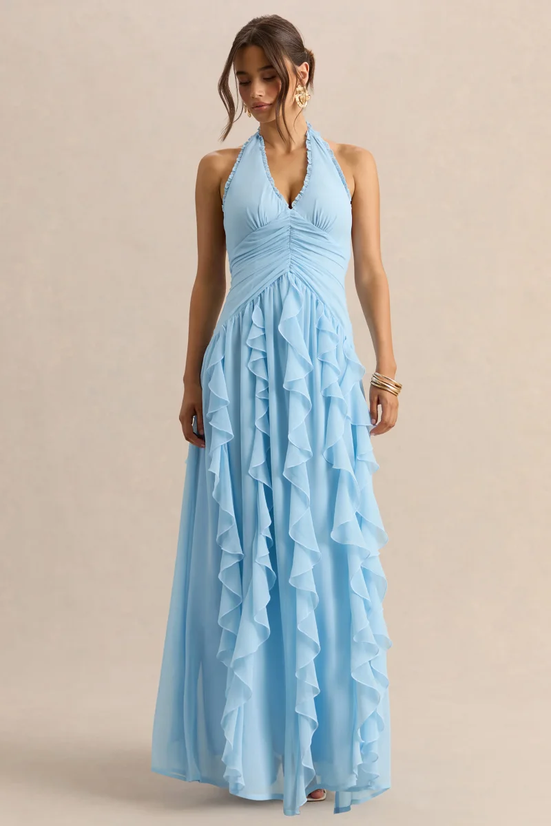 Bea | Vestido Largo Azul celeste de Escote Pronunciado con Volantes - Imagen 6