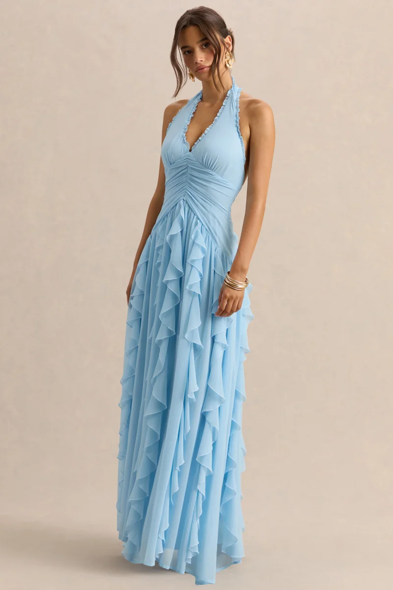 Bea | Vestido Largo Azul celeste de Escote Pronunciado con Volantes - Imagen 8