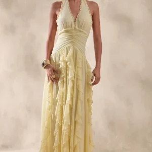 Bea | Vestido Largo Limón de Escote Pronunciado con Volantes