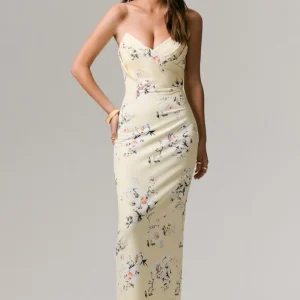 Fierce | Vestido Largo asimétrico con fruncidos y estampado limón
