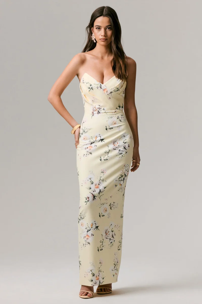 Fierce | Vestido Largo asimétrico con fruncidos y estampado limón