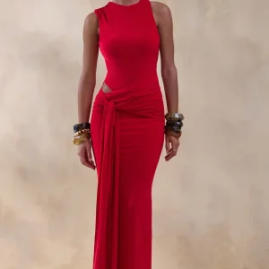 Neile | Vestido largo rojo con cintura cruzada asimétrica y detalle de cinturón