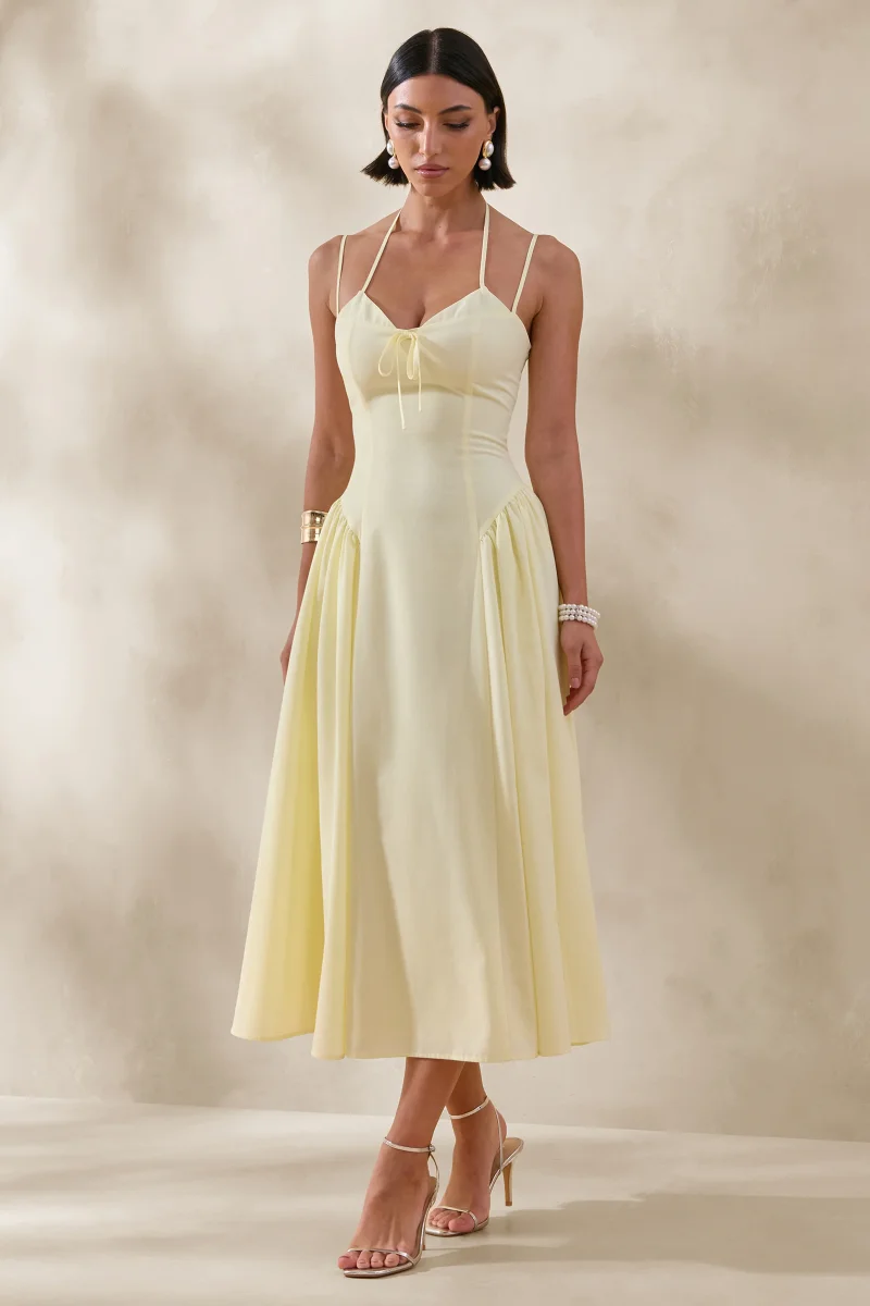 Audrey | Vestido Midi Color Limón Con Escote Corazón Y Detalles Fruncidos - Imagen 2
