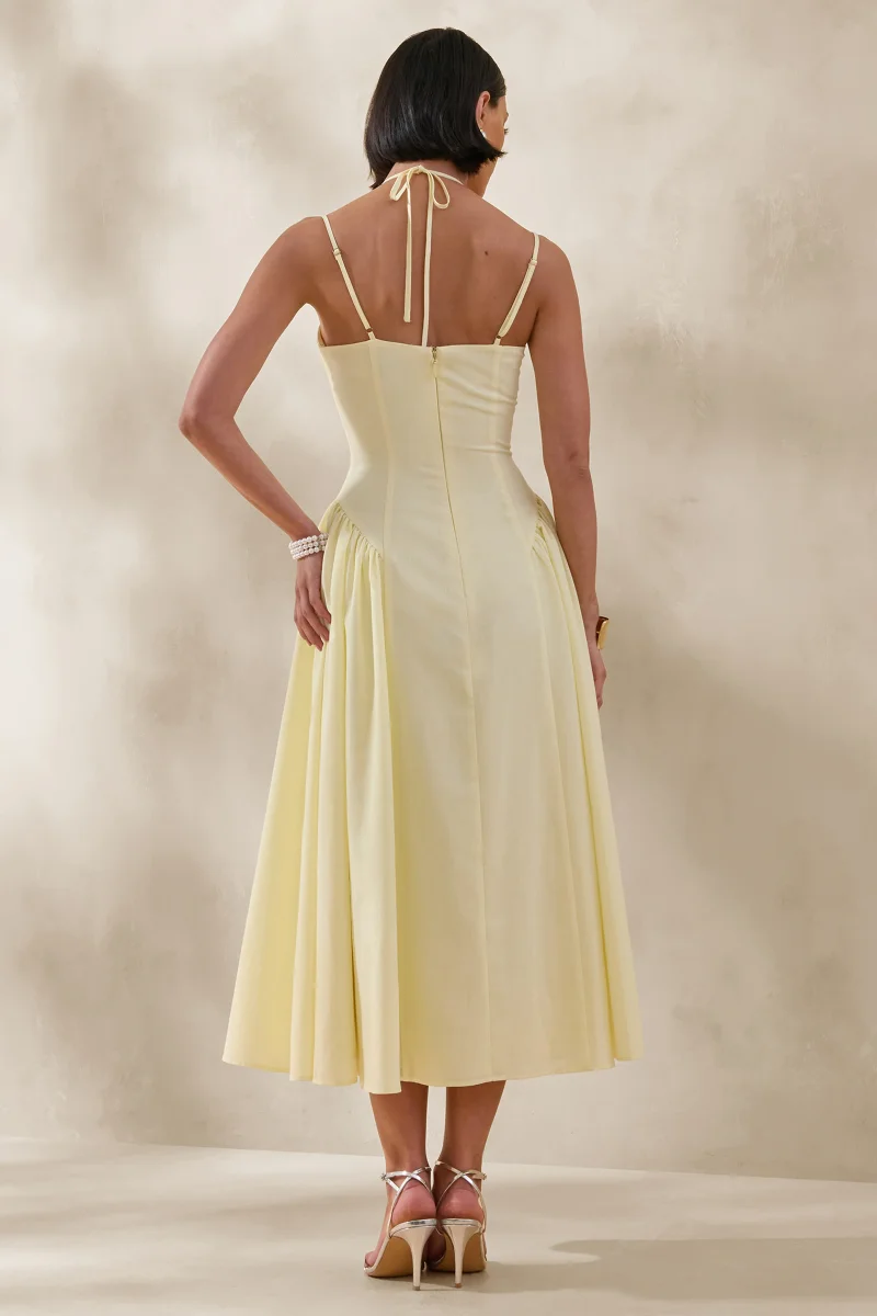 Audrey | Vestido Midi Color Limón Con Escote Corazón Y Detalles Fruncidos - Imagen 3
