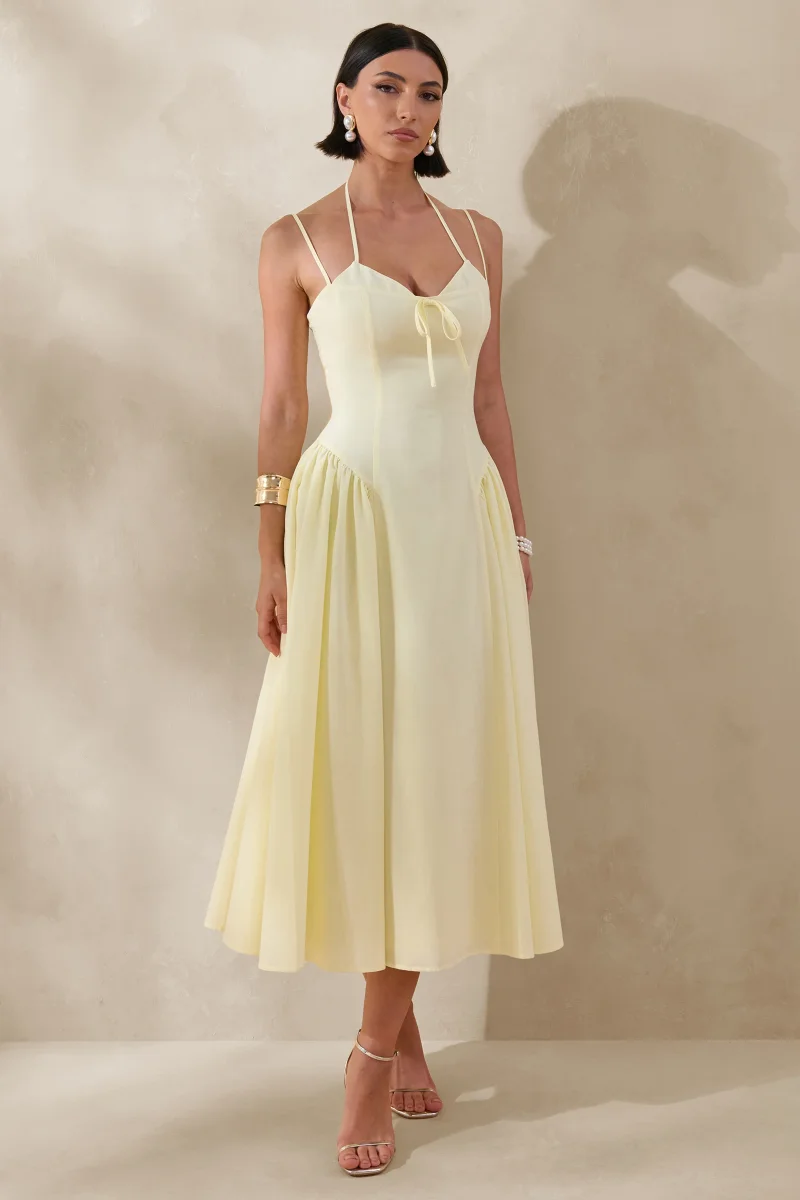 Audrey | Vestido Midi Color Limón Con Escote Corazón Y Detalles Fruncidos - Imagen 6