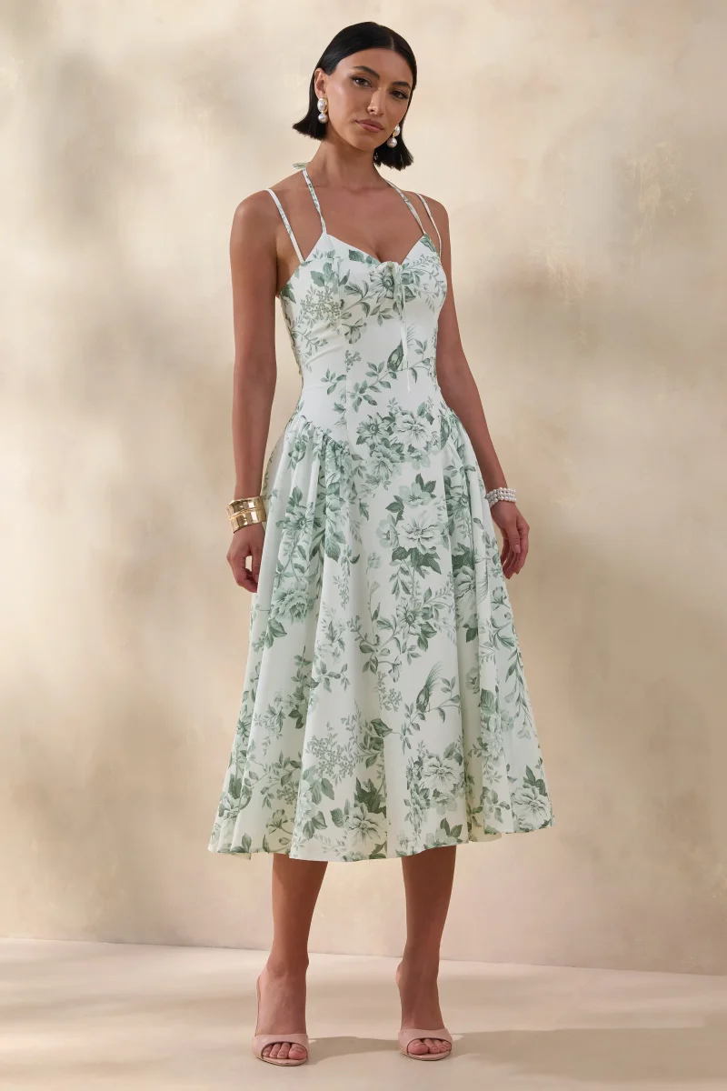 Audrey | Vestido Midi Verde Con Estampado Floral Y Escote Corazón - Imagen 5