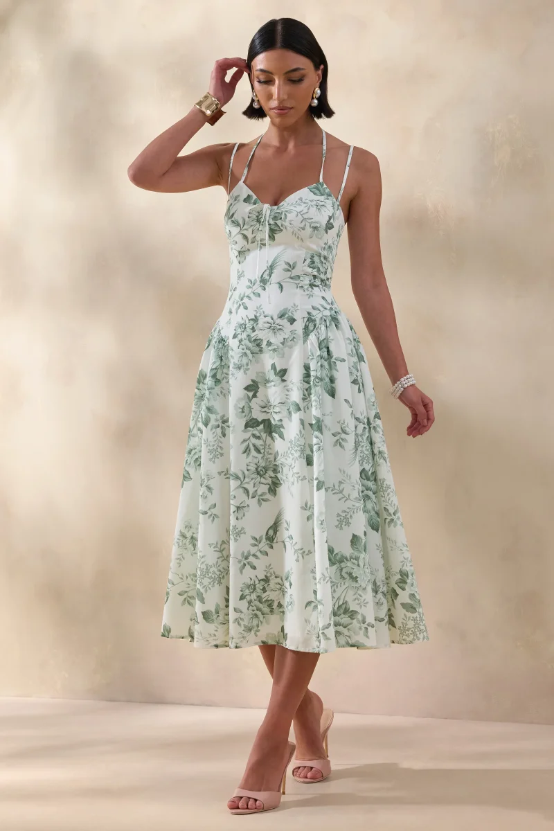 Audrey | Vestido Midi Verde Con Estampado Floral Y Escote Corazón - Imagen 6
