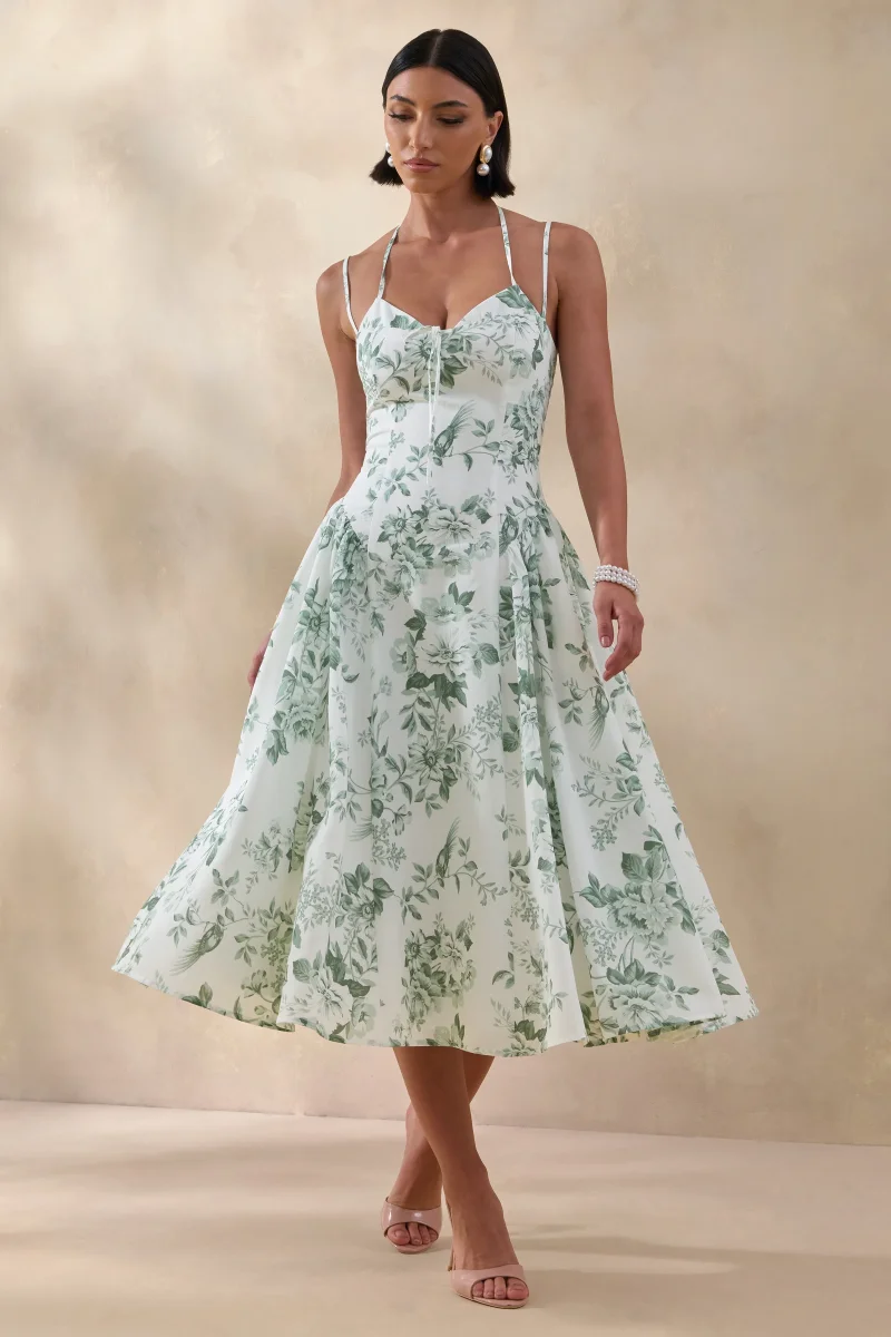 Audrey | Vestido Midi Verde Con Estampado Floral Y Escote Corazón - Imagen 2