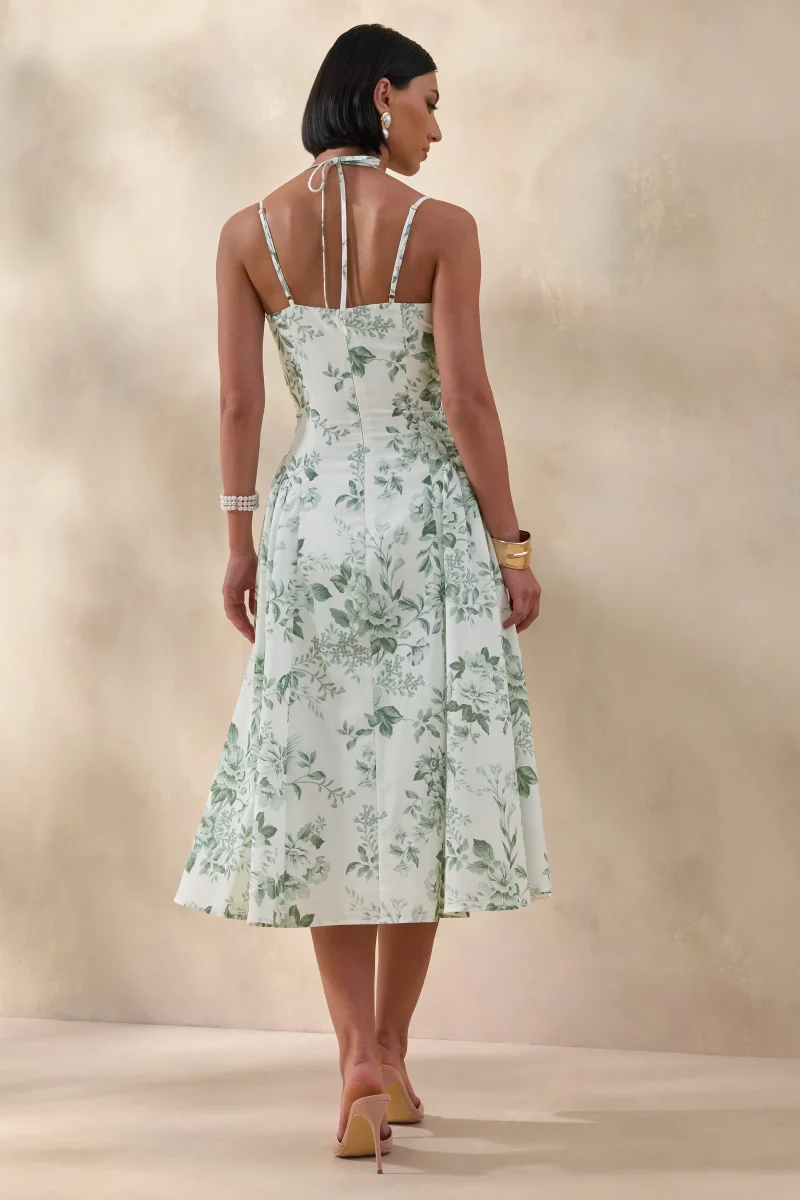 Audrey | Vestido Midi Verde Con Estampado Floral Y Escote Corazón - Imagen 3