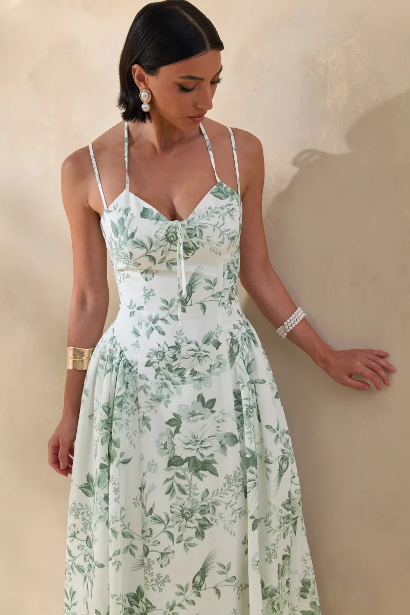 Audrey | Vestido Midi Verde Con Estampado Floral Y Escote Corazón - Imagen 7