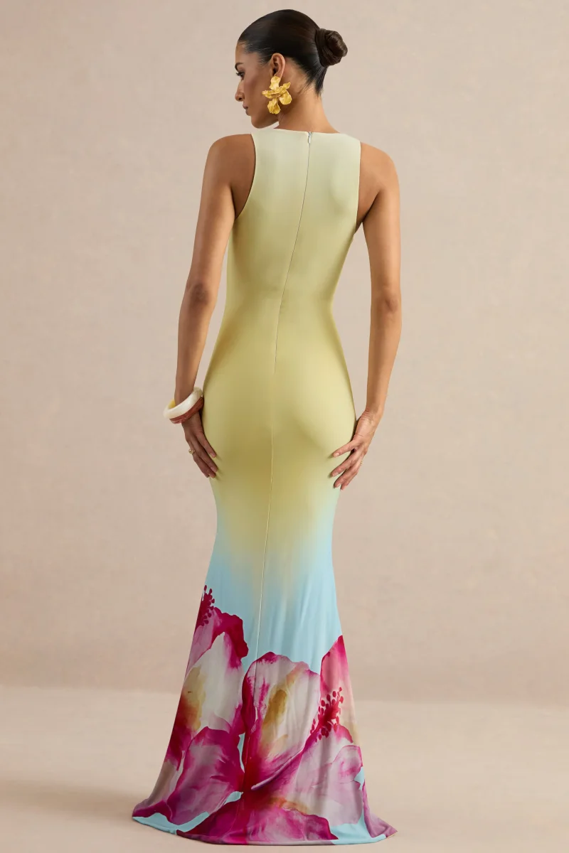Marlo | Vestido Largo Amarillo Ombré Con Estampado De Lirios - Imagen 3